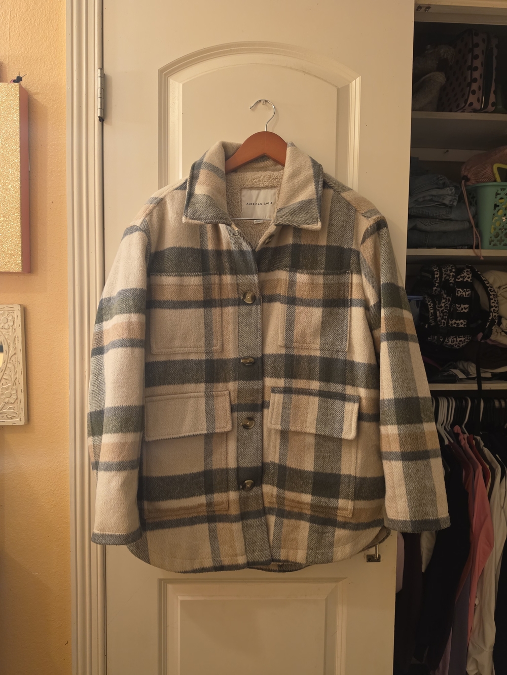 American Eagle Outfitters Plaid Teddy Shacket in Beige, Gray and Brown